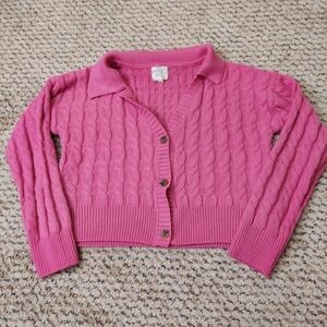 Hippie Rose Sweater Womens M Hot Pink Cable Knit Long Sleeve Cardigan Crop Top